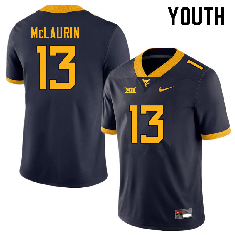 Youth #13 Hershey McLaurin West Virginia Mountaineers College Football Jerseys Sale-Navy - Click Image to Close